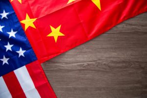 Flag of USA and Flag of China. Business Trade Concept